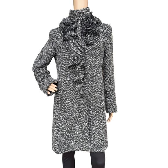 Tahari Gray Tweed Ruffle Neck Coat, Size M, High Neck Button Front Jacket - Picture 1 of 11